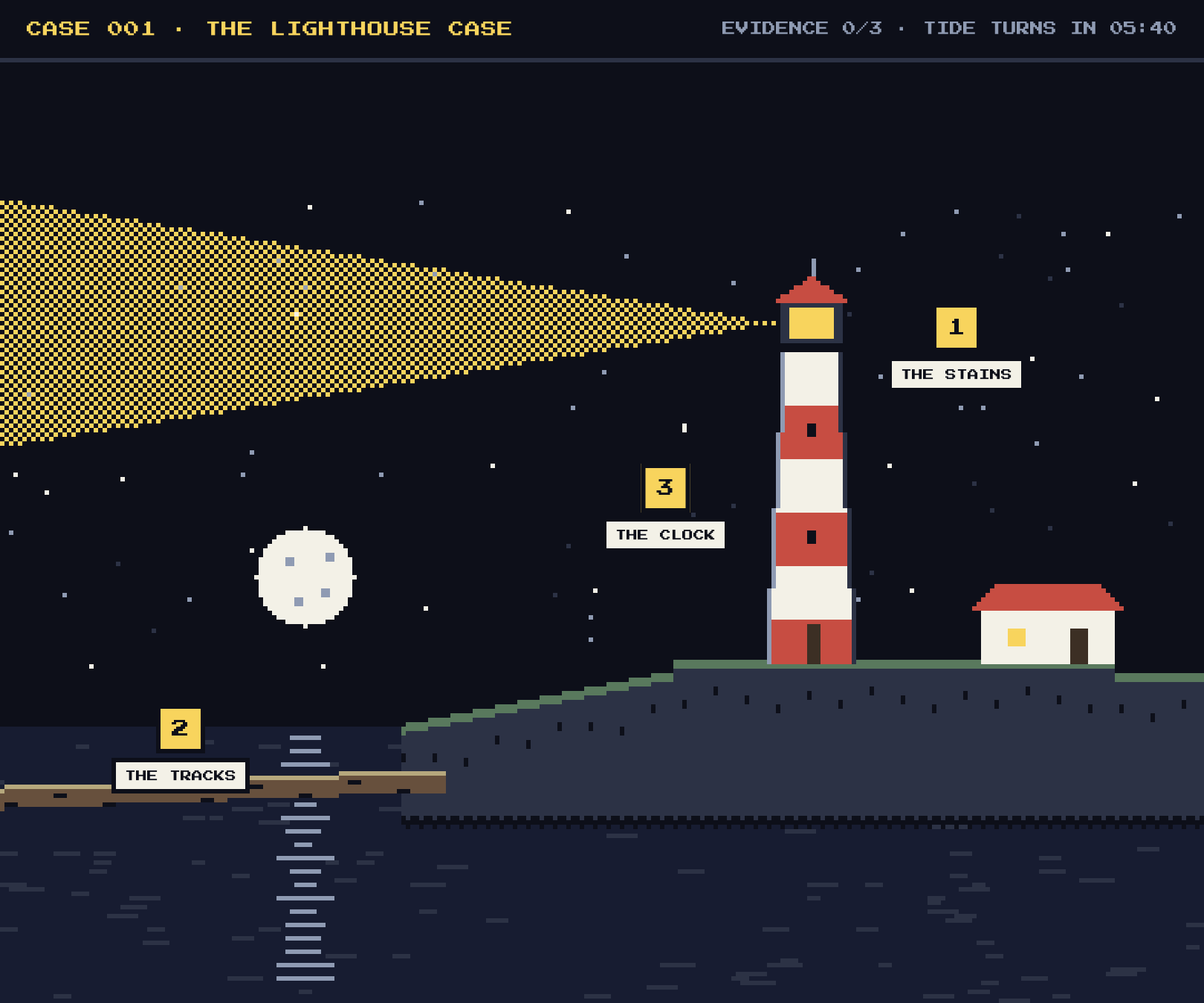 Pixel-art scene from The Lighthouse Case: a lighthouse at night with its beam across the sky, and three numbered clues, the stains, the tracks and the clock.