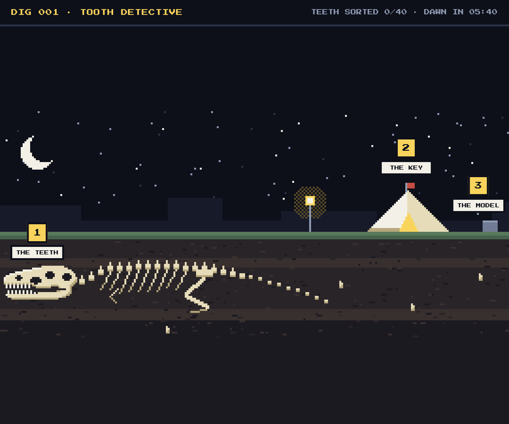 Pixel-art scene from Tooth Detective: a fossil skeleton in layers of rock at night, with three numbered stops, the teeth, the key and the model.